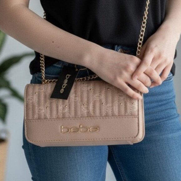 bebe Quilted Crossbody Almond Gold-Chain Monogram NWT - Picture 1 of 16
